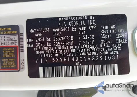 2024 Kia Sorento S z USA, uszkodzony, nr VIN 5XYRL4JC1RG291081